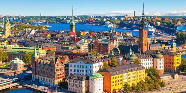 The old town of Stockholm is seen in beautiful light during autumn.