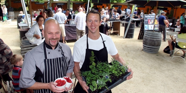 FRESH IS BEST: Black Barn Bistro head chef Terry Lowe and cellar door and events manager Francis de Jager with some of the local delights available at today's Growers Market opening. PHOTO/FILE