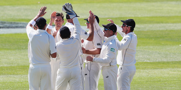 Trent Boult of New Zealand celebrates the wicket of Kirk Edwards of the West Indies during day two of the first test match between New Zealand and the West Indies. Photo / Getty Images.