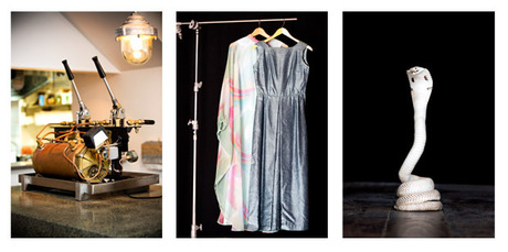 L - R: 1960's coffee machine, vintage ball-gowns, stuffed white cobra.