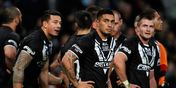 Sonny Bill Williams, Dean Whare and Kieran Foran of New Zealand show their dejection during the Rugby League World Cup final between New Zealand and Australia. Photo / Getty Images.
