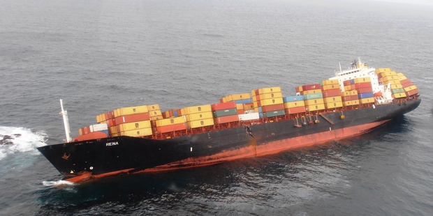 Oil can be seen leaking from the Rena, after its October 2011 grounding.