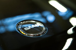 The SAAB logo on the first production Nevs (National Electric Vehicle Sweden) Saab 9-3 Aero at the Trollhattan factory in Sweden, Monday, Dec. 2, 2013.