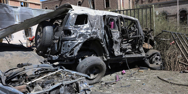 Damaged vehicles after an explosion at the Defense Ministry complex in Sanaa, Yemen. Photo / AP/Yemen's Defense Ministry