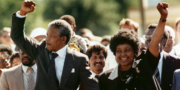 Nelson Mandela and his wife, Winnie, upon his release from prison in Cape Town, South Africa. Photo / AP