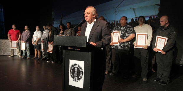 Tama Huata, from Nga Marae o Heretaunga, accepts the Jeremy Dwyer Supreme Award at the Landmarks Awards ceremony last night. Photo/Duncan Brown.