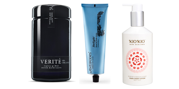 Verite Spa Organics Cypress & Mint Detox Bath Salts $33, Antipodes Delight Hand & Body Cream $42.90, Kio Kio Rosehip & Manuka Honey Hand & Body Lotion $29.90.