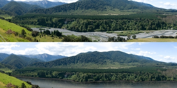 Before and after images showing how the proposed Ruataniwha dam would affect the Central Hawke's Bay landscape. Dr Smith is again accused of influencing DoC's submission. Images/Supplied.