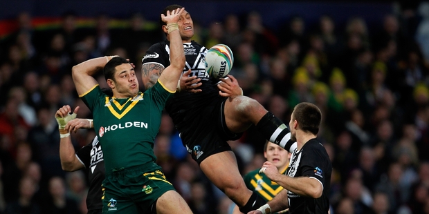 Australia's Jarryd Hayne, left, here battling Manu Vatuvei, is among league's greatest players. Photo / Getty Images