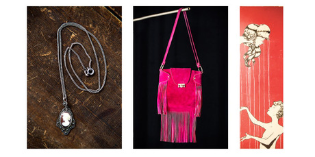 L-R: Hermes handbag, cameo necklace, painting by Elliot Francis Stewart