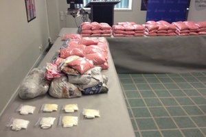 Methamphetamine crystals (P) and precursor drug ContacNT or pseudoephedrine (pink) nabbed after New Zealand's biggest drug bust. Photo / Richard Robinson