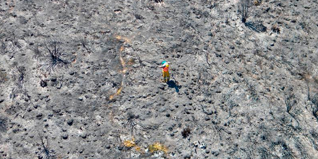 DoC fire crew members on the blackened face along the East Matukituki track after a fire in the Mt Aspiring National Park. Photo / Annette Grieve