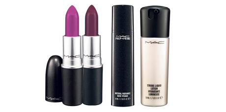 Get the look with M.A.C 'Violetta' and 'Cyber' lipstick, Prep & Prime Pink Natural Radiance Primer, and M.A.C. Strobe Liquid Lotion.