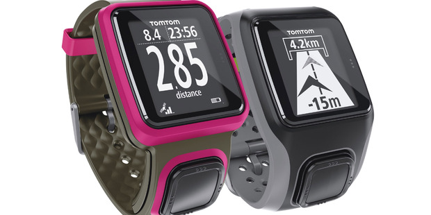 TomTom's multisport watch - tracks swimming, cycling, running. The only button is the one on the strap, which acts similar to a mouse - up, down, left and right.