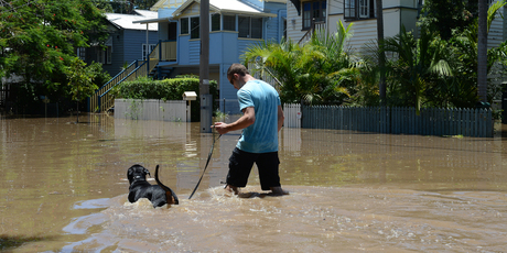 Floodwaters are seen in Torwood street, in the inner city suburb of Rosalie in Brisbane following ex-cyclone Oswald. Photo / AAP