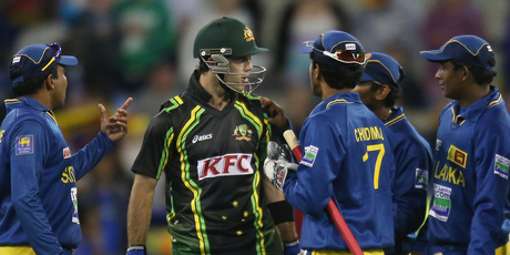 Glenn Maxwell has words with the Sri Lankan team after the final ball of the game. Photo / Getty Images