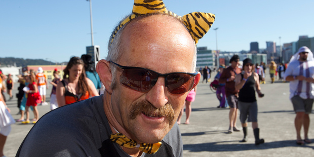 Gareth Morgan complete with tiger ears and bow tie at the Hertz Sevens rugby tournament. Photo / Mark Mitchell