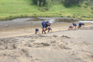 Rene Ranger leads the Blues team up dunes at a training session at Bethells Beach, west of Auckland. Coach John Kirwan wants the team to be super fit. Photo / Supplied