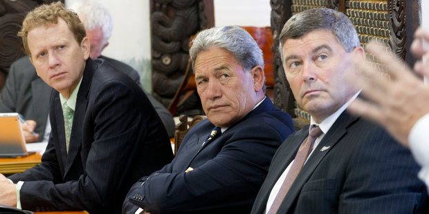 MPs Russel Norman, Winston Peters and Andrew Williams at the manufacturing inquiry. Photo / Mark Mitchell