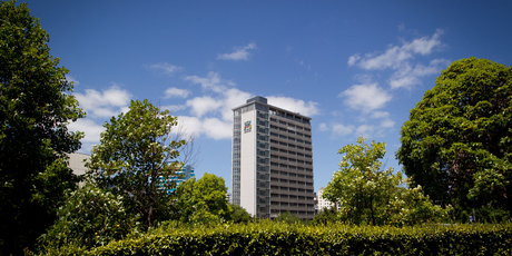 The building at 1 Greys Ave in central Auckland rises from its park-like setting, above the hustle and bustle of the city. Photo / Richard Robinson