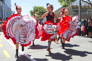Dancers in action during the rugby sevens parade in Wellington. Photo / Mark Mitchell