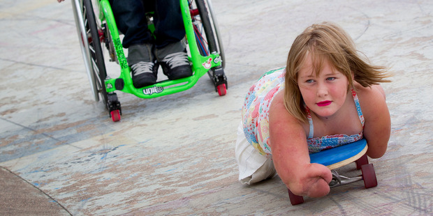 Charlotte Cleverley-Bisman, 9, met her hero, Nitro Circus star Wheelz, at the Ostend skate park on Waiheke Island yesterday. Photo / Sarah Ivey
