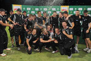 New Zealand celebrate their one-day series win over South Africa. Photo / AP