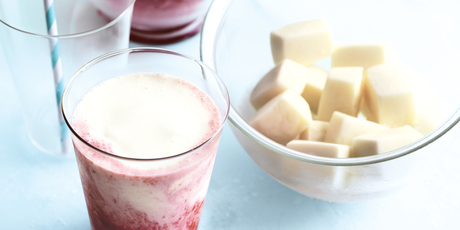 Nectarine and yoghurt smoothies with raspberry syrup. Photo / Donna Hay Magazine
