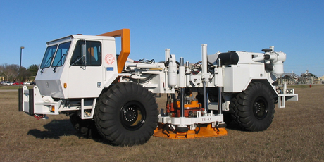 The T-Rex truck thumps the ground to help simulate an earthquake. Photo / Supplied