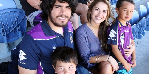 Hawke's Bay's Melbourne Storm NRL rugby league player Tohu Harris with partner Natalie
Jones and relatives Arie Te Whiu, 5, and Luca Te Whiu, 6, and other family members during the weekend's coaching clinic at the Hawke's Bay Regional Sports Park in Hastings. Photo/Paul Taylor.