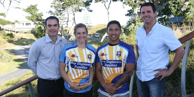 The Bay of Plenty men's and women's sevens teams have a new uniform for their up-coming season. Pictured is Bay of Plenty Rugby Union chief executive Mike Rogers, players Calli Turner and Te Aihe Toma, and councillor Clayton Mitchell.