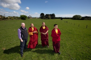 Michael Barraclough (left) with Abbott Choje Lama Shedrup and fellow monks. Photo / Brett Phibbs