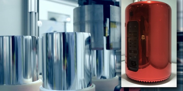 A still from Apple's Mac Pro manufacturing video and, inset tight, the PRODUCT(RED) one-off.