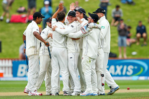 Trent Boult of New Zealand is congratulated by teammates. Photo / Getty Images