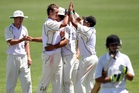 Hawke's Bay bowler Ben Stoyanoff is congratulated after taking the wicket of Taranaki batsman Mattie Thomas yesterday. Photo/Paul Taylor. Hawke's Bay bowler Ben Stoyanoff is congratulated after taking the wicket of Taranaki batsman Mattie Thomas yesterday. Photo/Paul Taylor.
