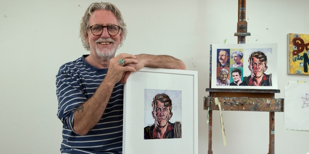 Dick Frizzell with his painting of Sir Edmund Hillary, commissioned for the Herald's 150th birthday. Photo / Brett Phibbs