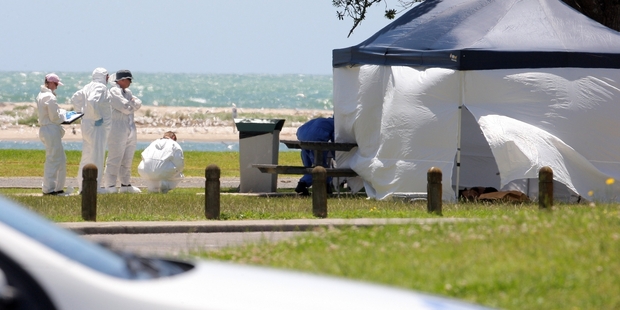 Forensics staff examine the site in Maketu where the 46-year-old man was found dead. Photo / APN