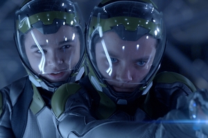 Halee Steinfeld, right, with Asa Butterfield in Ender's Game.