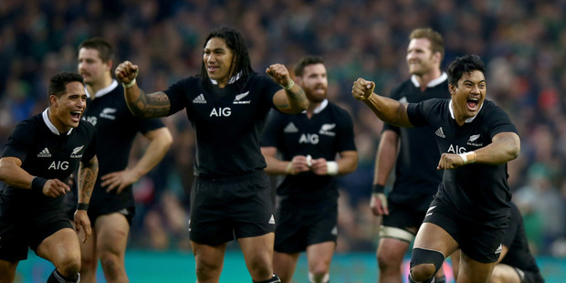 Julian Savea and the All Blacks celebrate Aaron Cruden's match winning kick during the International match between Ireland and the New Zealand All Blacks. Photo / Getty Images.