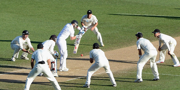 Matt Prior of England blocks a ball from Kane Williamson of New Zealand during day five of the Third Test match between New Zealand and England. Photo / Getty Images.