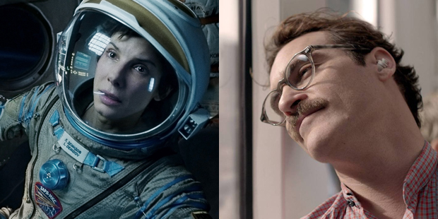 'Gravity' and 'Her' have tied for LA Film Critics top honour. Photo / AP, Warner Bros
