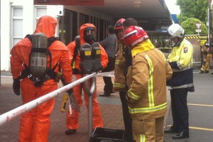 Emergency services staff at the scene on Amohia St this morning.