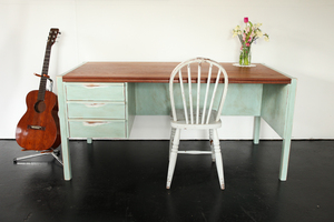 Paul Mossong sources old timber and furniture to create repurposed pieces such as this desk. Photo / Wildwood.