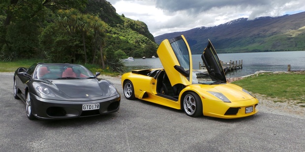 FreemanX Supercars' Ferrari and Lamborghini parked in Kingston. Photo / Louise Taylor