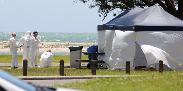 Police scour a park on Beach Road where Isaac Bushell's body was found. Photo/George Novak.