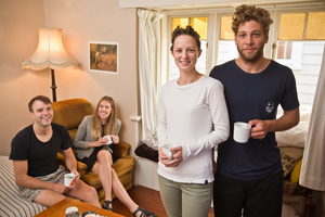 Flatmates (from left) Connor Archbold, 25, Morgan Tait, 26, Brighid McCaffrey, 25, and Shaan Davis, 26, share a Kingsland home. Photo / Greg Bowke