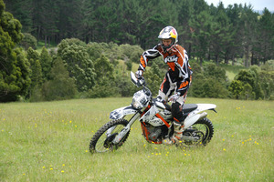 Enduro ace Chris Birch on the agile KTM 350 Freeride. The state-of-the-art DOHC four-stroke engine drives a light frame, with the whole bike coming in at under 100kg.
