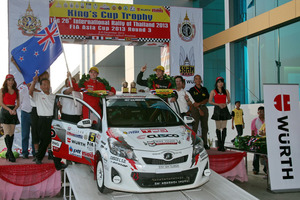 Michael Young and Malcolm Read in action during this year's Thailand Rally and on the podium with their awards at the end of the rally.
Pictures / Asia Pacific Sports Media