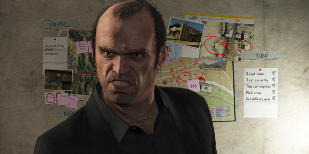 The Grand Theft Auto Five ad featured one of the main characters from the game, pointing two fingers to a tattoo on his neck. Photo / AP