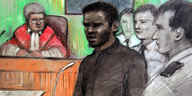 Court artist sketch by Elizabeth Cook of Michael Adebolajo, centre, who is one of the men accused of killing British soldier Lee Rigby in May, as he gave evidence. Photo / AP